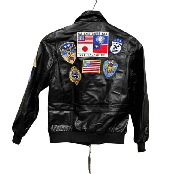 Top Gun Real Leather Black Bomber Jacket W/ Patches Men’s Size Large Coat NWT - Picture 4 of 11